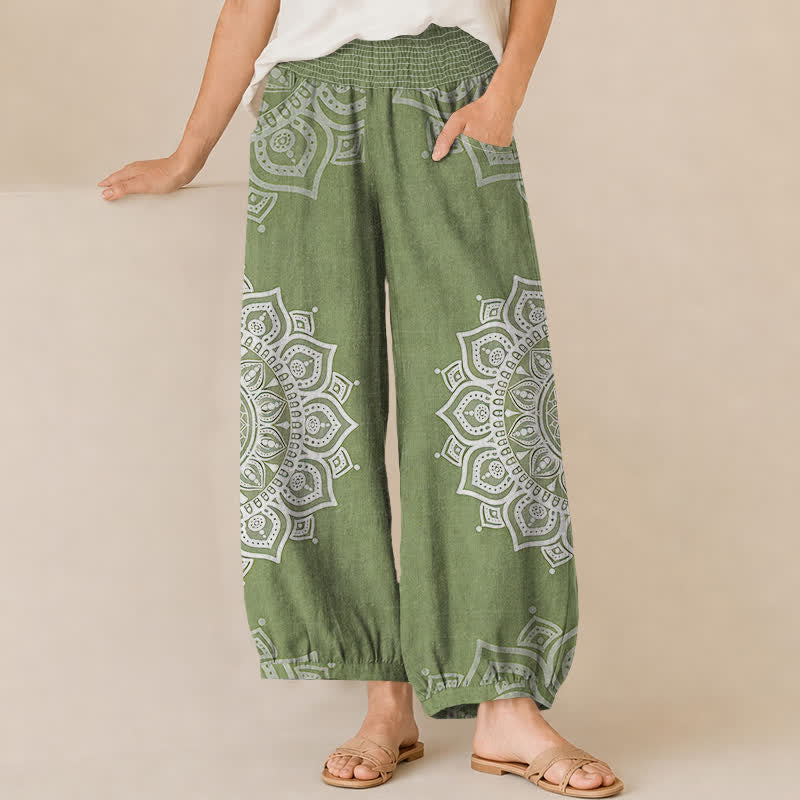 Buddha Stones Pantalones harem de algodón estilo bohemio con estampado floral de mandala blanco, cintura elástica plisada y bolsillos para mujer. - Verde oliva - US16，UK/AU20，EU48 (3XL) - image 10