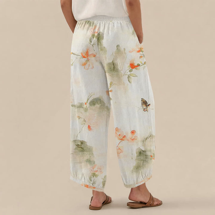 Buddha Stones Pantalones harem de algodón con estampado floral de mariposas en acuarela, cintura elástica plisada y bolsillos para mujer. - image 2