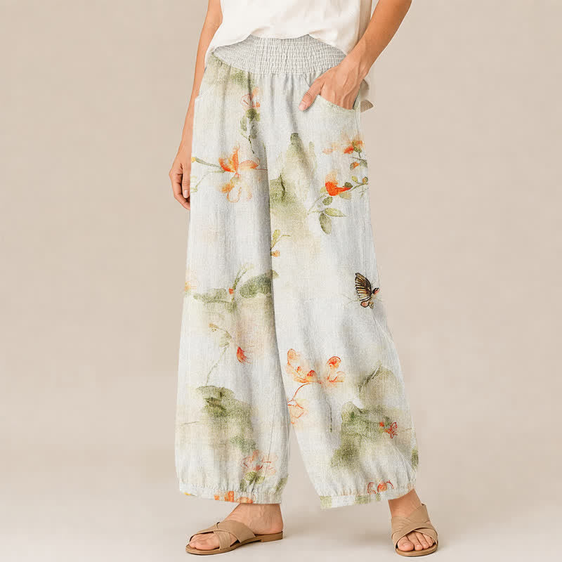 Buddha Stones Pantalones harem de algodón con estampado floral de mariposas en acuarela, cintura elástica plisada y bolsillos para mujer. - image 1