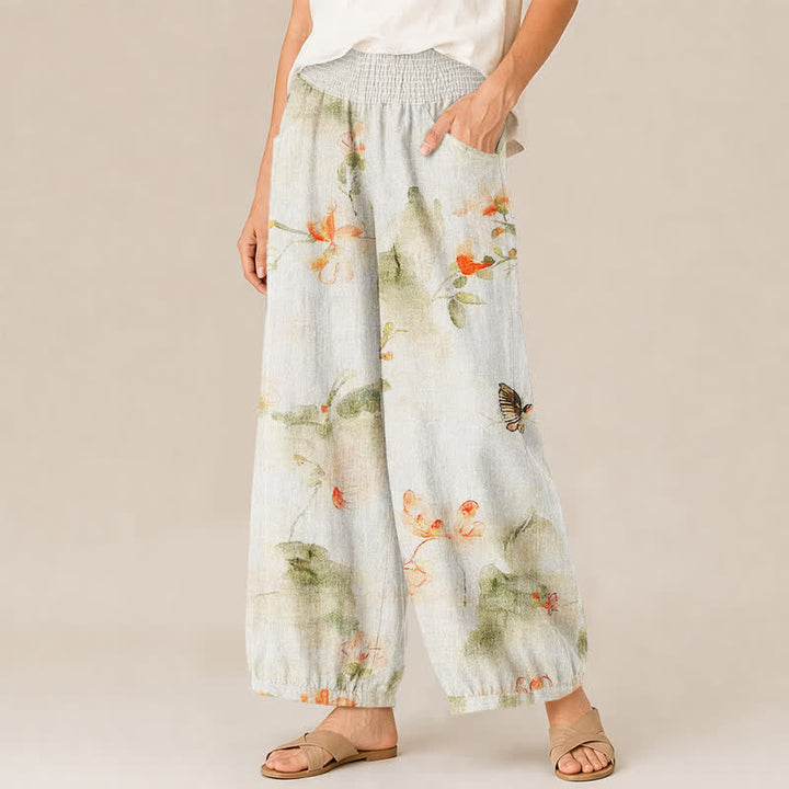 Buddha Stones Pantalones harem de algodón con estampado floral de mariposas en acuarela, cintura elástica plisada y bolsillos para mujer. - image 1