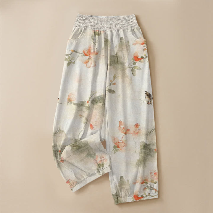 Buddha Stones Pantalones harem de algodón con estampado floral de mariposas en acuarela, cintura elástica plisada y bolsillos para mujer. - image 3