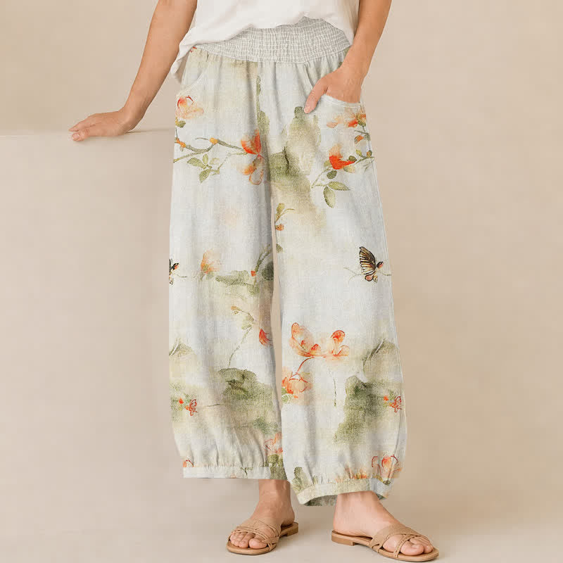 Buddha Stones Pantalones harem de algodón con estampado floral de mariposas en acuarela, cintura elástica plisada y bolsillos para mujer. - Marfil - US16，UK/AU20，EU48 (3XL) - image 0