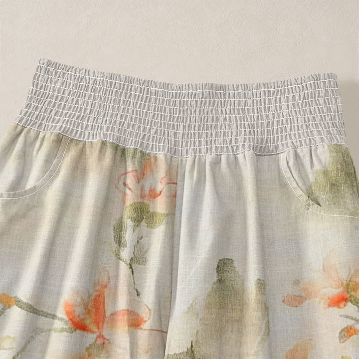 Buddha Stones Pantalones harem de algodón con estampado floral de mariposas en acuarela, cintura elástica plisada y bolsillos para mujer. - image 4