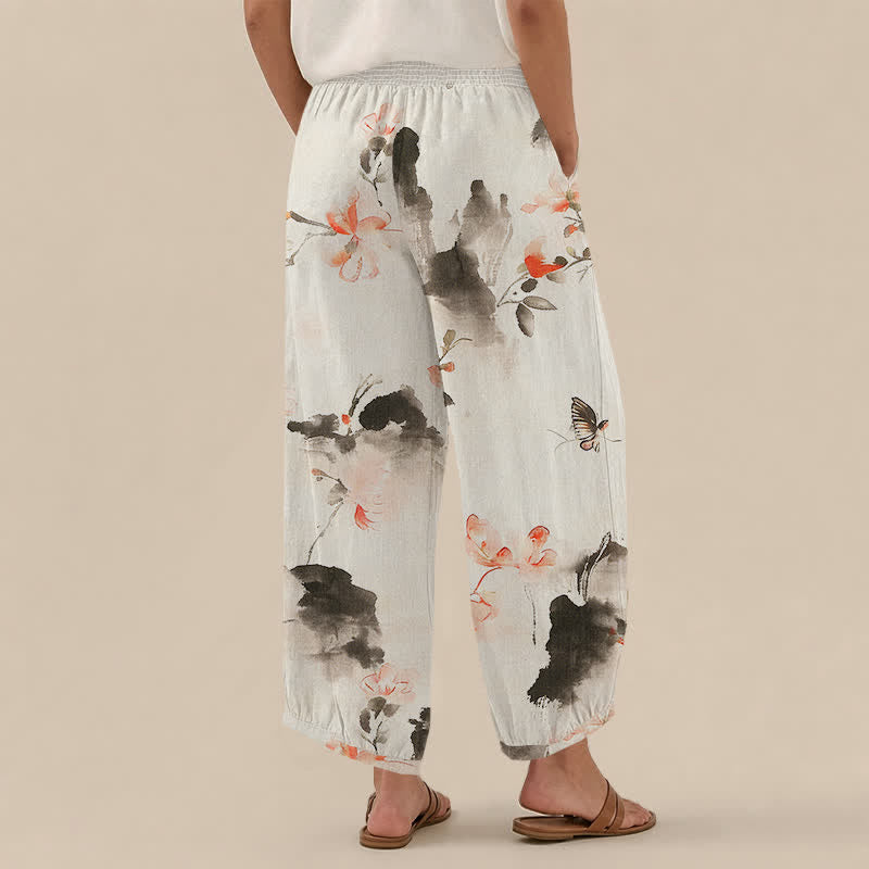 Buddha Stones Pantalones harem de algodón con estampado floral de mariposas en acuarela, cintura elástica plisada y bolsillos para mujer. - image 8