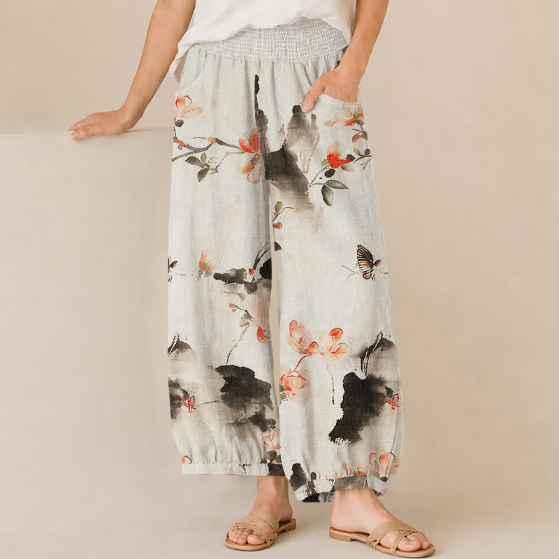 Buddha Stones Pantalones harem de algodón con estampado floral de mariposas en acuarela, cintura elástica plisada y bolsillos para mujer. - Lino - US16，UK/AU20，EU48 (3XL) - image 6