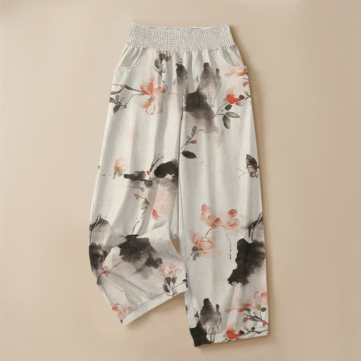 Buddha Stones Pantalones harem de algodón con estampado floral de mariposas en acuarela, cintura elástica plisada y bolsillos para mujer. - image 9