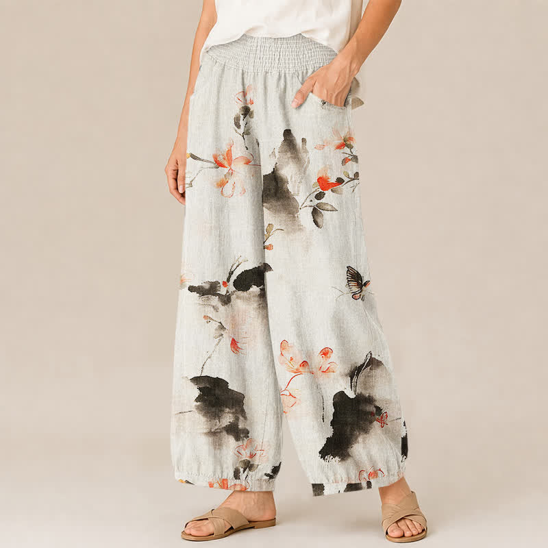 Buddha Stones Pantalones harem de algodón con estampado floral de mariposas en acuarela, cintura elástica plisada y bolsillos para mujer. - image 7