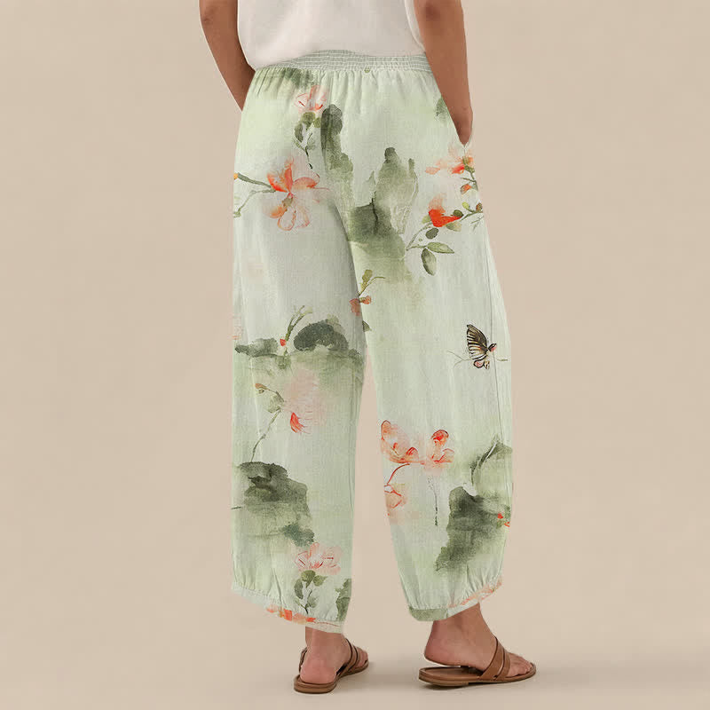 Buddha Stones Pantalones harem de algodón con estampado floral de mariposas en acuarela, cintura elástica plisada y bolsillos para mujer. - image 12