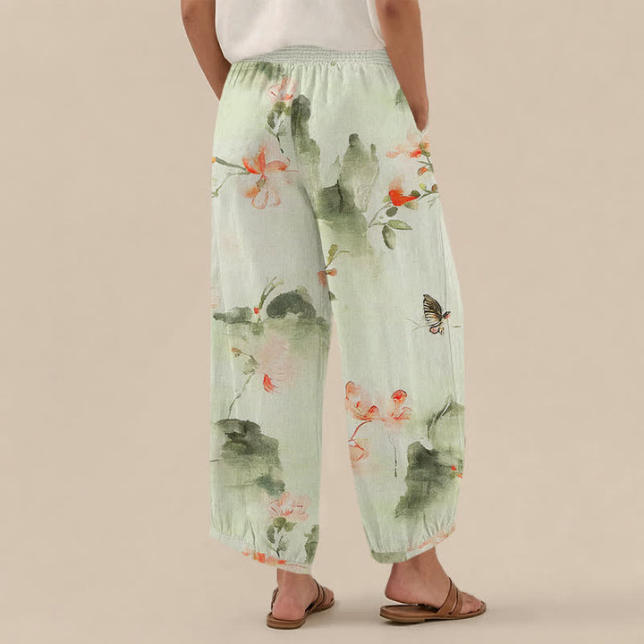 Buddha Stones Pantalones harem de algodón con estampado floral de mariposas en acuarela, cintura elástica plisada y bolsillos para mujer. - image 12