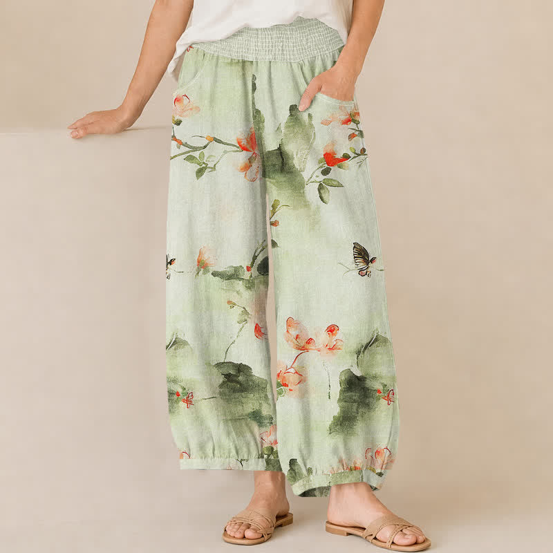 Buddha Stones Pantalones harem de algodón con estampado floral de mariposas en acuarela, cintura elástica plisada y bolsillos para mujer. - Gotas de miel - US16，UK/AU20，EU48 (3XL) - image 10