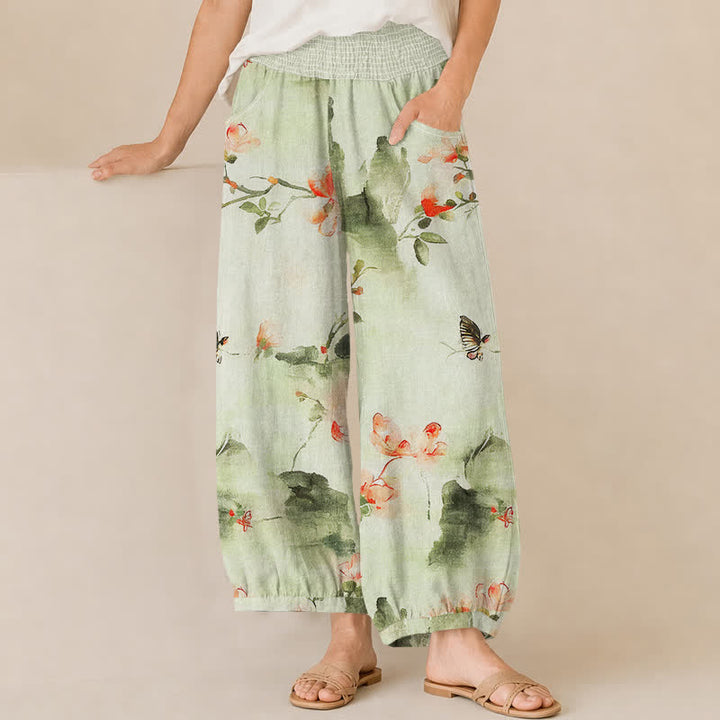 Buddha Stones Pantalones harem de algodón con estampado floral de mariposas en acuarela, cintura elástica plisada y bolsillos para mujer. - Gotas de miel - US16，UK/AU20，EU48 (3XL) - image 10