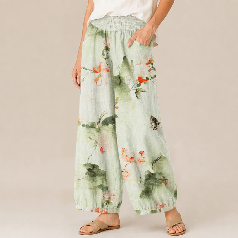 Buddha Stones Pantalones harem de algodón con estampado floral de mariposas en acuarela, cintura elástica plisada y bolsillos para mujer. - image 11
