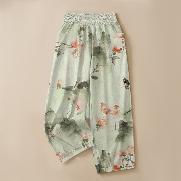 Buddha Stones Pantalones harem de algodón con estampado floral de mariposas en acuarela, cintura elástica plisada y bolsillos para mujer. - image 13