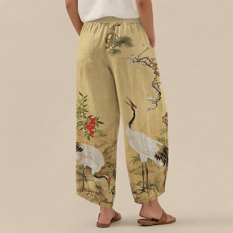 Buddha Stones Pantalones harem de algodón oriental blanco con estampado de grullas y flores rojas, cintura elástica plisada y bolsillos para mujer. - image 2