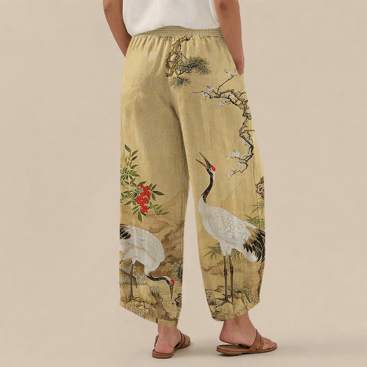 Buddha Stones Pantalones harem de algodón oriental blanco con estampado de grullas y flores rojas, cintura elástica plisada y bolsillos para mujer. - image 2