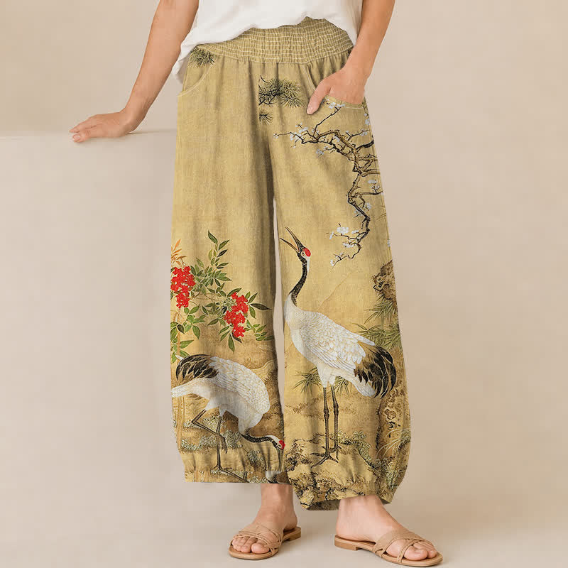 Buddha Stones Pantalones harem de algodón oriental blanco con estampado de grullas y flores rojas, cintura elástica plisada y bolsillos para mujer. - Broncearse - US16，UK/AU20，EU48 (3XL) - image 0