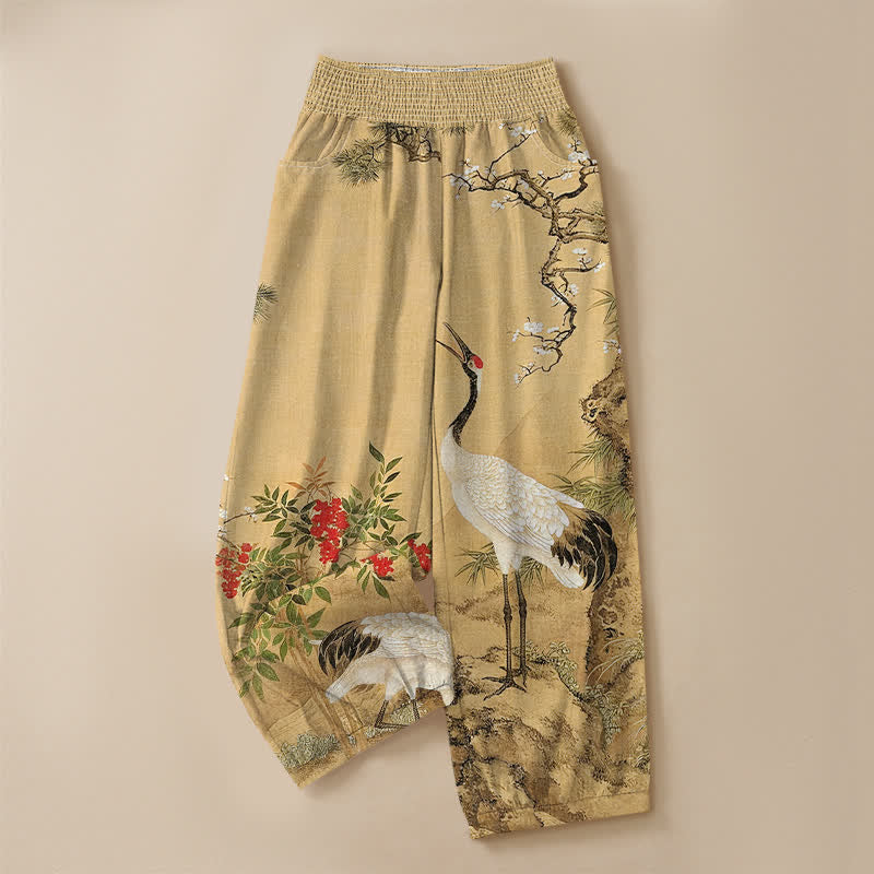 Buddha Stones Pantalones harem de algodón oriental blanco con estampado de grullas y flores rojas, cintura elástica plisada y bolsillos para mujer. - image 3