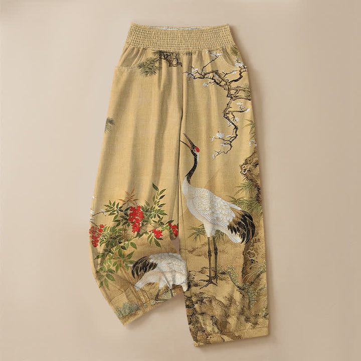 Buddha Stones Pantalones harem de algodón oriental blanco con estampado de grullas y flores rojas, cintura elástica plisada y bolsillos para mujer. - image 3