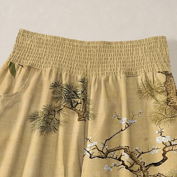 Buddha Stones Pantalones harem de algodón oriental blanco con estampado de grullas y flores rojas, cintura elástica plisada y bolsillos para mujer. - image 4