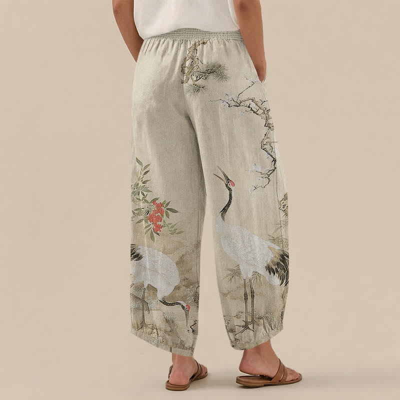 Buddha Stones Pantalones harem de algodón oriental blanco con estampado de grullas y flores rojas, cintura elástica plisada y bolsillos para mujer. - image 8