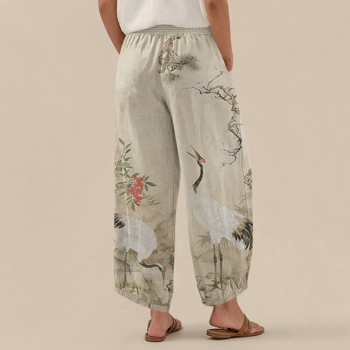 Buddha Stones Pantalones harem de algodón oriental blanco con estampado de grullas y flores rojas, cintura elástica plisada y bolsillos para mujer. - image 8