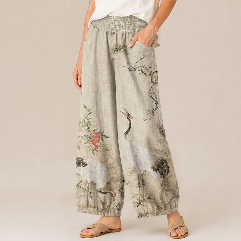 Buddha Stones Pantalones harem de algodón oriental blanco con estampado de grullas y flores rojas, cintura elástica plisada y bolsillos para mujer. - image 7
