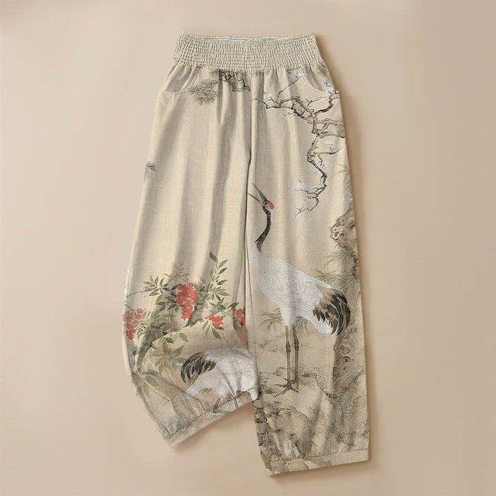 Buddha Stones Pantalones harem de algodón oriental blanco con estampado de grullas y flores rojas, cintura elástica plisada y bolsillos para mujer. - image 9
