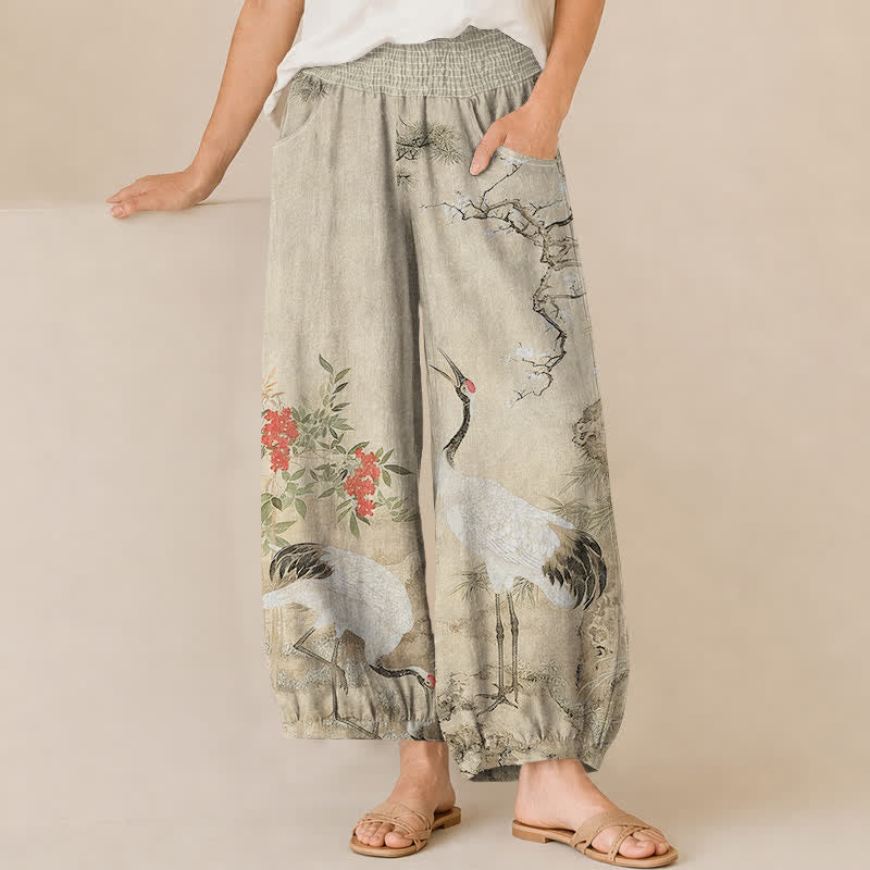 Buddha Stones Pantalones harem de algodón oriental blanco con estampado de grullas y flores rojas, cintura elástica plisada y bolsillos para mujer. - Beige - US16，UK/AU20，EU48 (3XL) - image 6