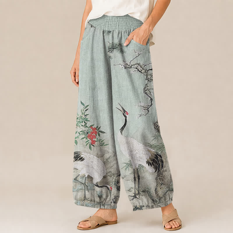 Buddha Stones Pantalones harem de algodón oriental blanco con estampado de grullas y flores rojas, cintura elástica plisada y bolsillos para mujer. - image 11