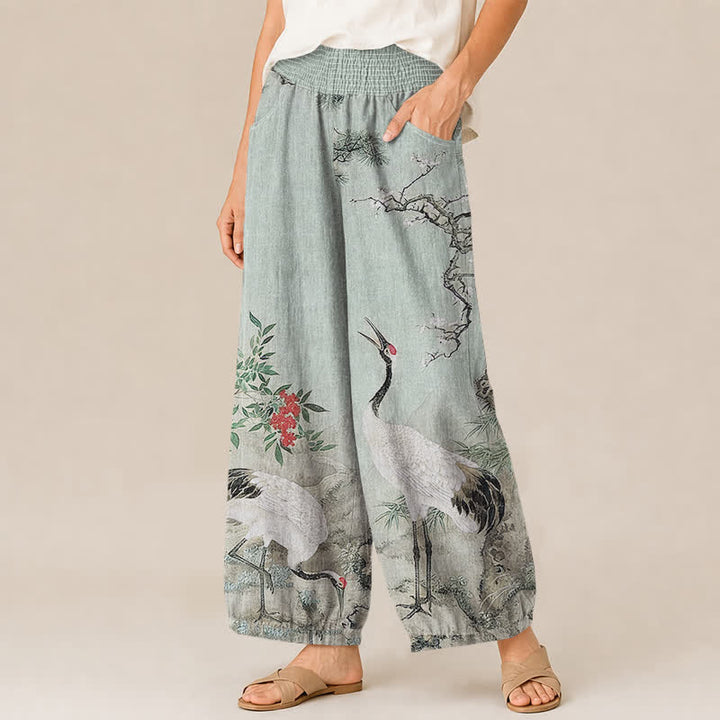 Buddha Stones Pantalones harem de algodón oriental blanco con estampado de grullas y flores rojas, cintura elástica plisada y bolsillos para mujer. - image 11