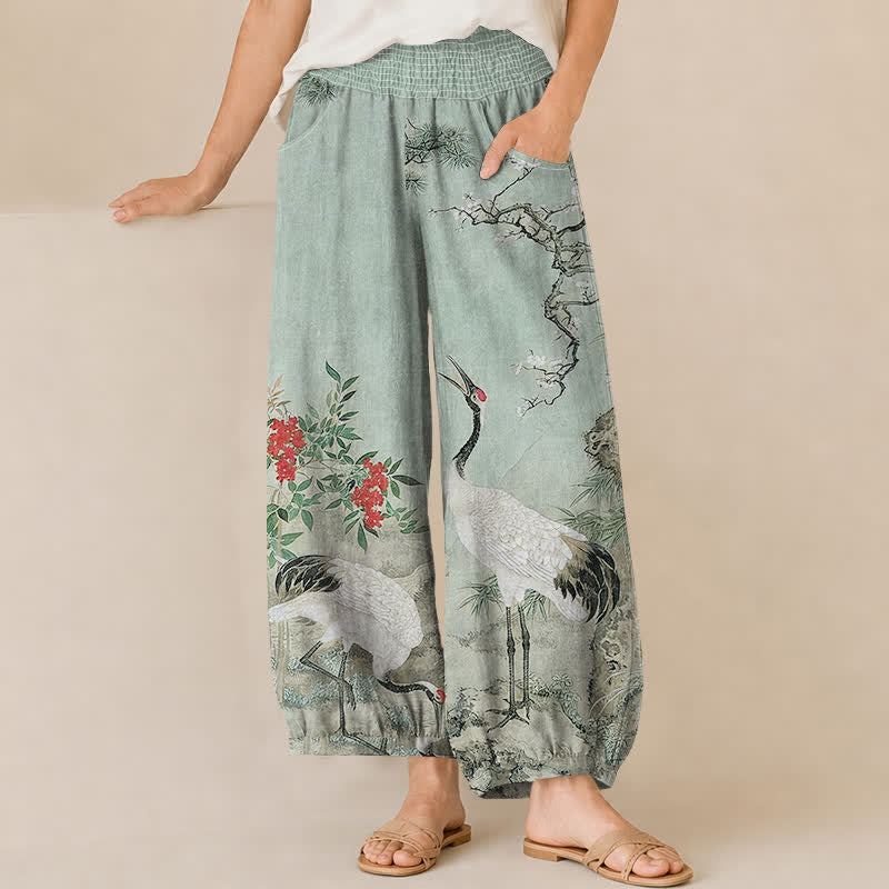 Buddha Stones Pantalones harem de algodón oriental blanco con estampado de grullas y flores rojas, cintura elástica plisada y bolsillos para mujer. - Verde pálido - US16，UK/AU20，EU48 (3XL) - image 10