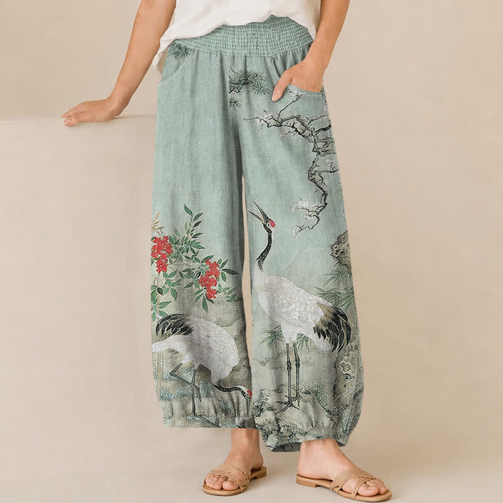 Buddha Stones Pantalones harem de algodón oriental blanco con estampado de grullas y flores rojas, cintura elástica plisada y bolsillos para mujer. - Verde pálido - US16，UK/AU20，EU48 (3XL) - image 10