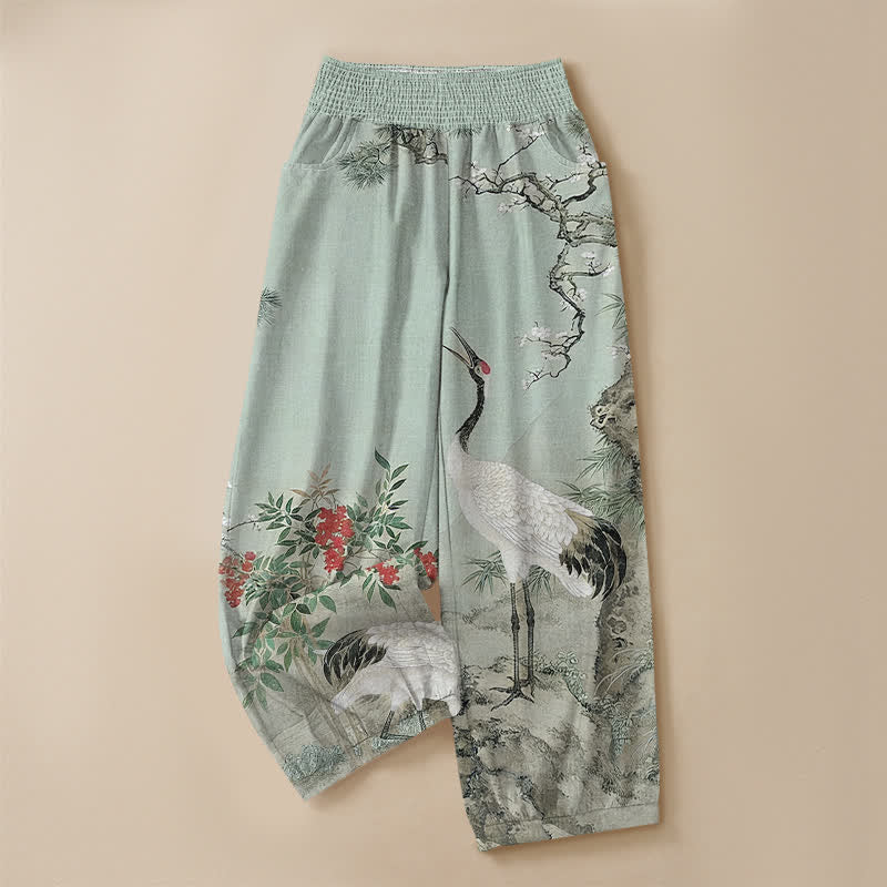 Buddha Stones Pantalones harem de algodón oriental blanco con estampado de grullas y flores rojas, cintura elástica plisada y bolsillos para mujer. - image 13