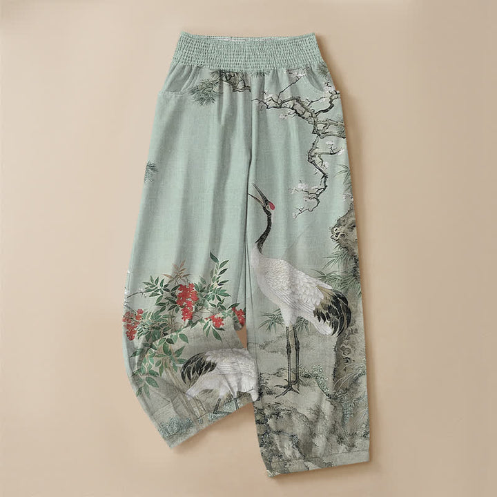 Buddha Stones Pantalones harem de algodón oriental blanco con estampado de grullas y flores rojas, cintura elástica plisada y bolsillos para mujer. - image 13