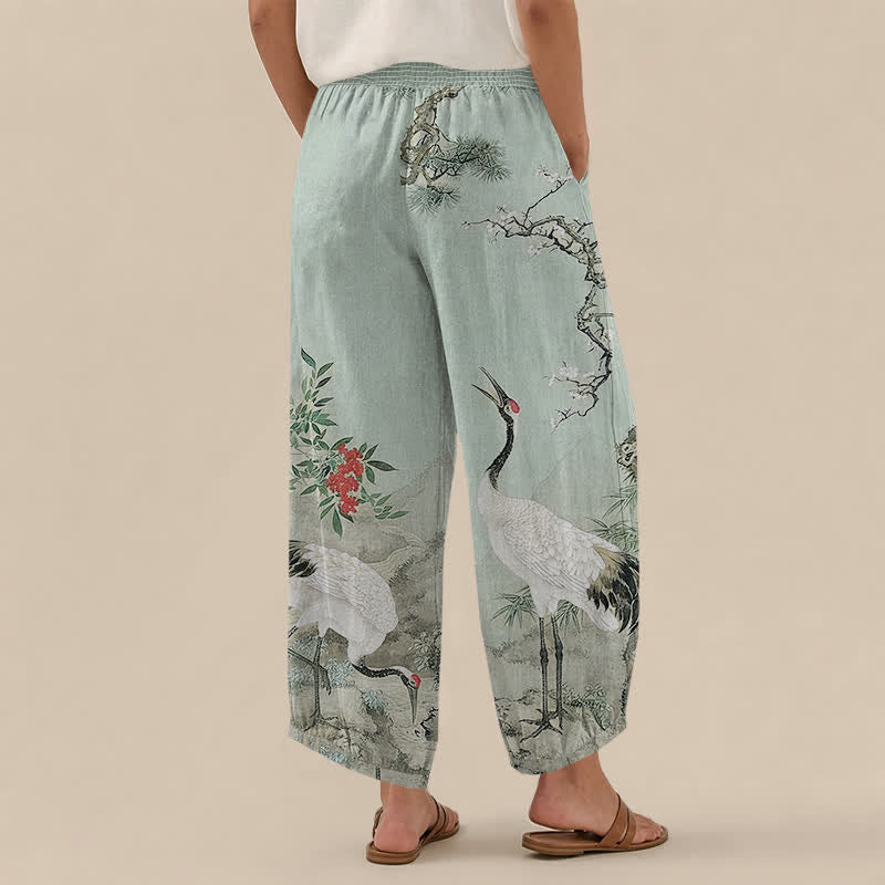 Buddha Stones Pantalones harem de algodón oriental blanco con estampado de grullas y flores rojas, cintura elástica plisada y bolsillos para mujer. - image 12