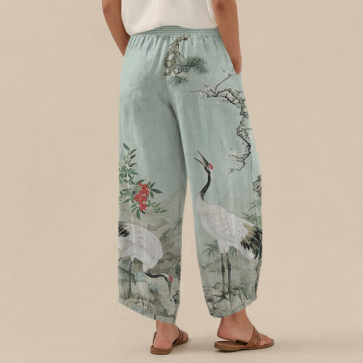 Buddha Stones Pantalones harem de algodón oriental blanco con estampado de grullas y flores rojas, cintura elástica plisada y bolsillos para mujer. - image 12