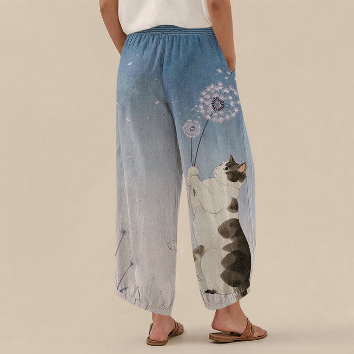 Buddha Stones Pantalones harem de algodón con estampado de diente de león, cintura elástica plisada y bolsillos para mujer. - image 2
