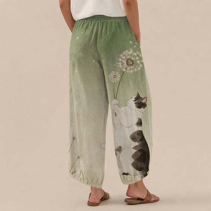 Buddha Stones Pantalones harem de algodón con estampado de diente de león, cintura elástica plisada y bolsillos para mujer. - image 8