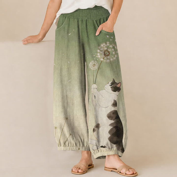 Buddha Stones Pantalones harem de algodón con estampado de diente de león, cintura elástica plisada y bolsillos para mujer. - Verde oliva - US16，UK/AU20，EU48 (3XL) - image 6