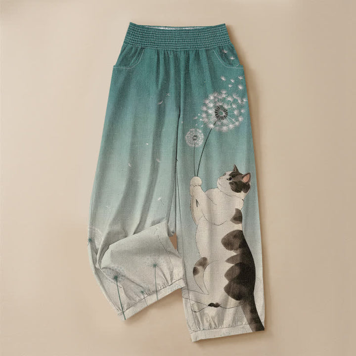 Buddha Stones Pantalones harem de algodón con estampado de diente de león, cintura elástica plisada y bolsillos para mujer. - image 13