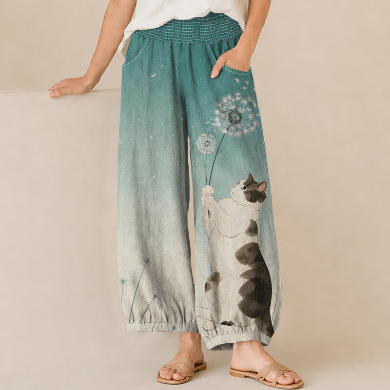 Buddha Stones Pantalones harem de algodón con estampado de diente de león, cintura elástica plisada y bolsillos para mujer. - Verde mar claro - US16，UK/AU20，EU48 (3XL) - image 10