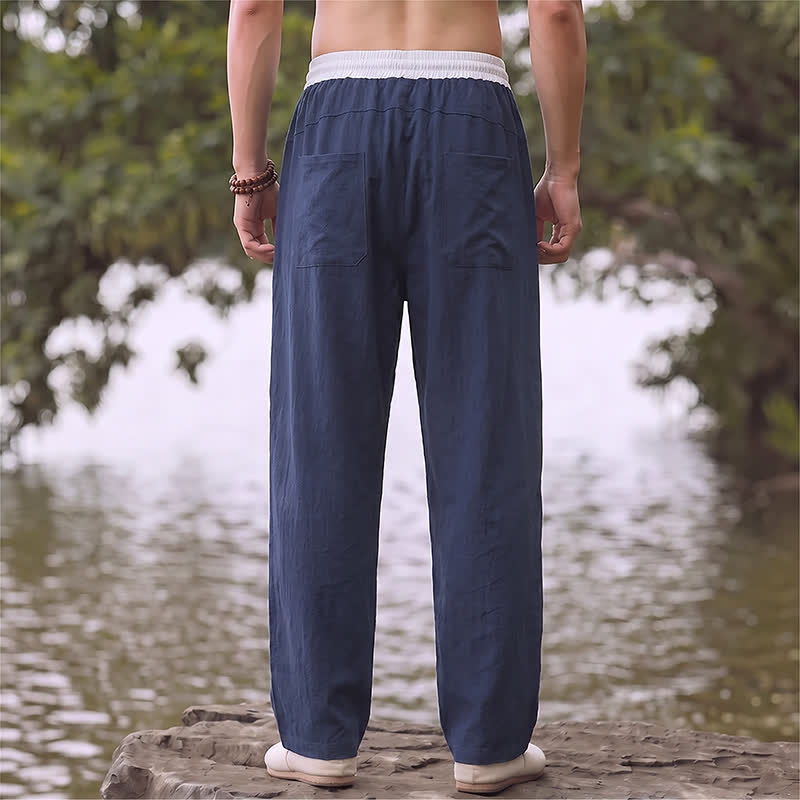 Buddha Stones Pantalones largos de algodón y lino lisos con cordón ajustable, estilo casual de primavera/verano, con bloques de color, pierna recta y bolsillos. - image 1