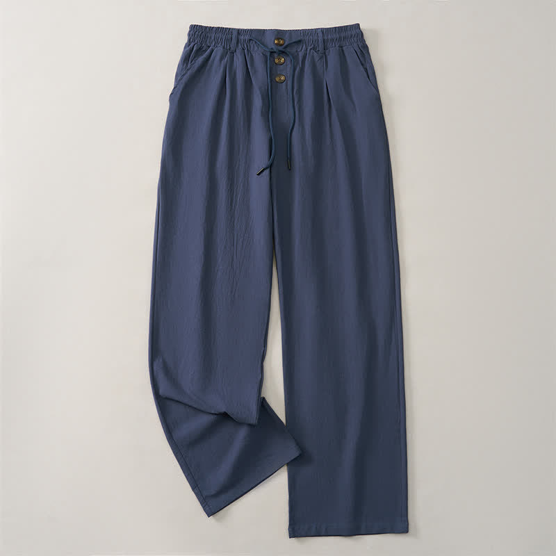 Buddha Stones Pantalones largos de hombre de corte recto con botones decorativos, cordón ajustable, estilo clásico de primavera/verano, para hombre. - image 1