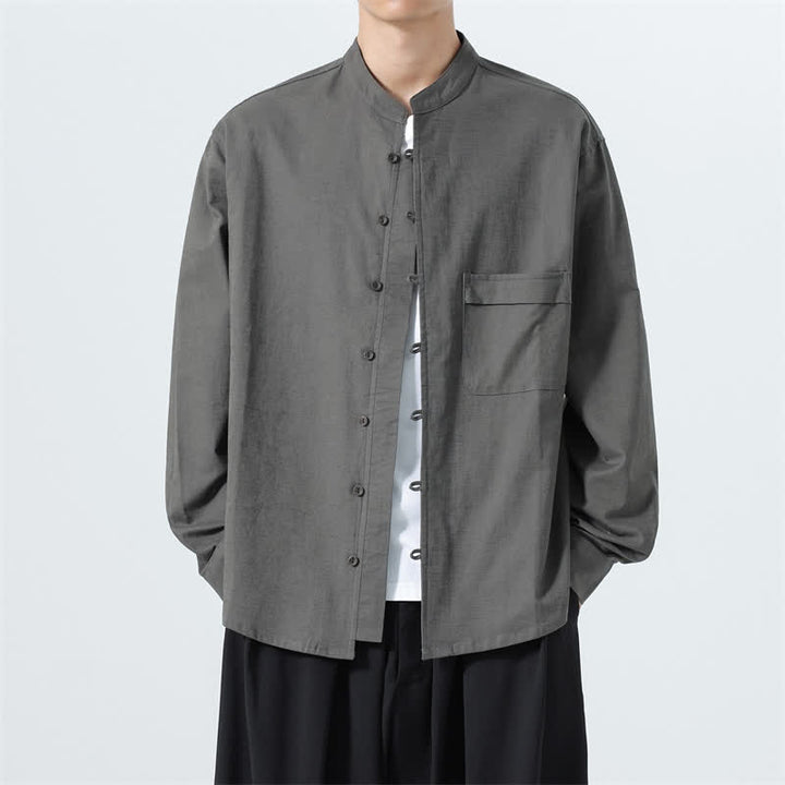 Buddha Stones Camisas de manga larga para hombre de algodón liso con cuello mandarín, estilo casual de otoño. - Gris oscuro - US/UK/AU46, EU56 (5XL) - image 19