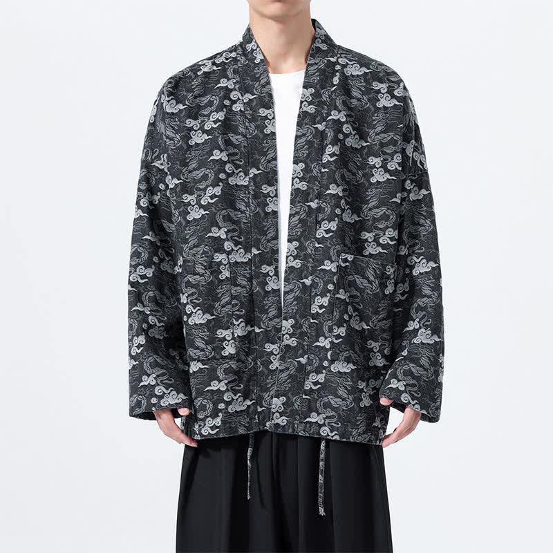 Buddha Stones Kimono de algodón para hombre, estilo casual, con cordón ajustable y estampado abstracto de nubes, ideal para primavera y otoño. - Negro - US/UK/AU46, UE 56 (3XL) - image 9