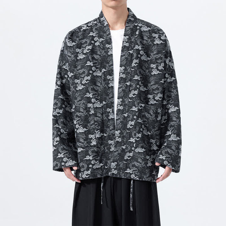 Buddha Stones Kimono de algodón para hombre, estilo casual, con cordón ajustable y estampado abstracto de nubes, ideal para primavera y otoño. - Negro - US/UK/AU46, UE 56 (3XL) - image 9