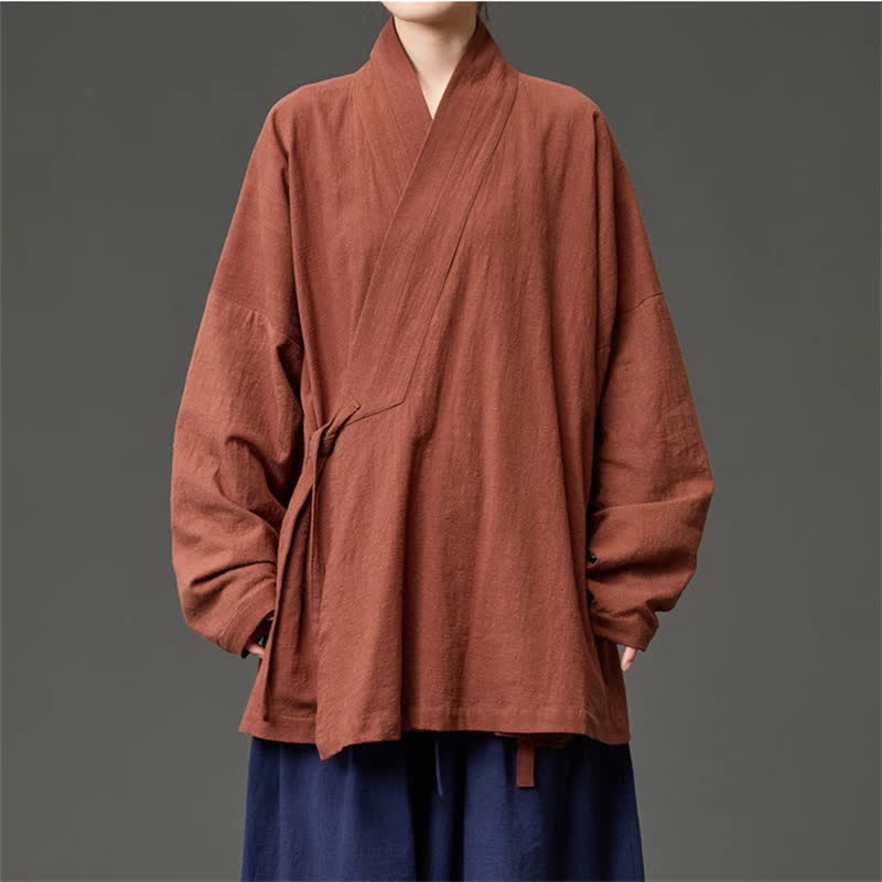 Buddha Stones Kimono minimalista de algodón liso con cordón ajustable para hombre, estilo Tang, ideal para otoño/invierno, con bolsillos. - Tierra de siena - US/UK/AU46, EU56 (5XL) - image 0