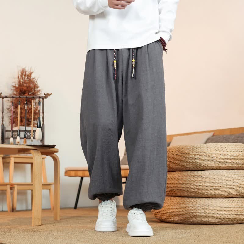 Buddha Stones Pantalones tobilleros de algodón liso, estilo casual minimalista, con cordón ajustable, para hombre, de pierna recta y con bolsillos. - image 1
