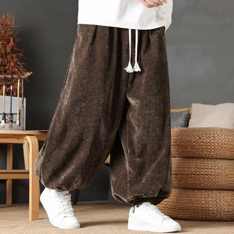 Buddha Stones Pantalones tobilleros lisos de corte recto con cordón ajustable, estilo vintage, para hombre, ideales para otoño e invierno. - image 1