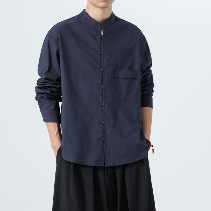 Buddha Stones Camisas de manga larga para hombre de algodón liso con cuello mandarín, estilo casual de otoño. - image 1